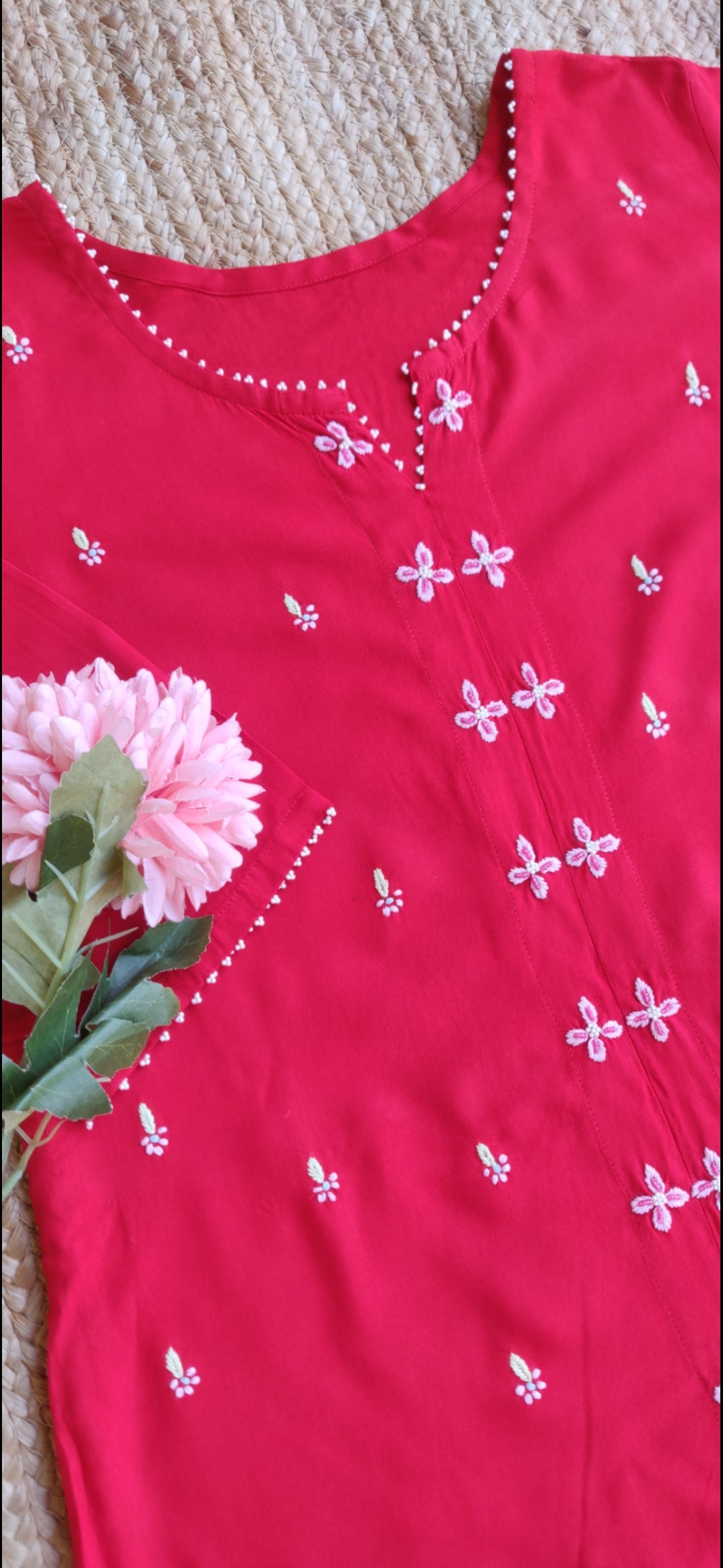Red Rayon Chikankari Kurta With Pant Set -Custom Made