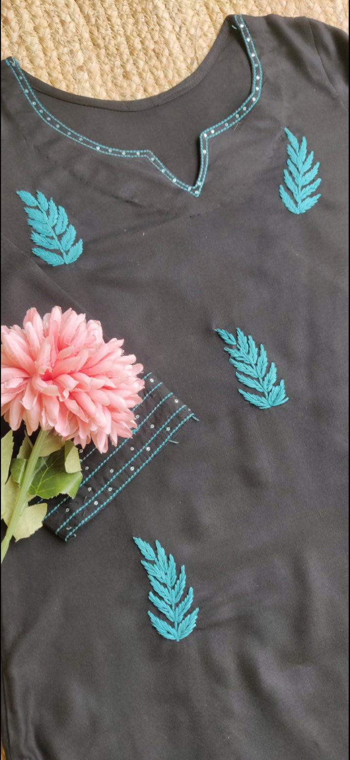 Black Rayon Chikankari Kurta With Pant Set-Custom Made