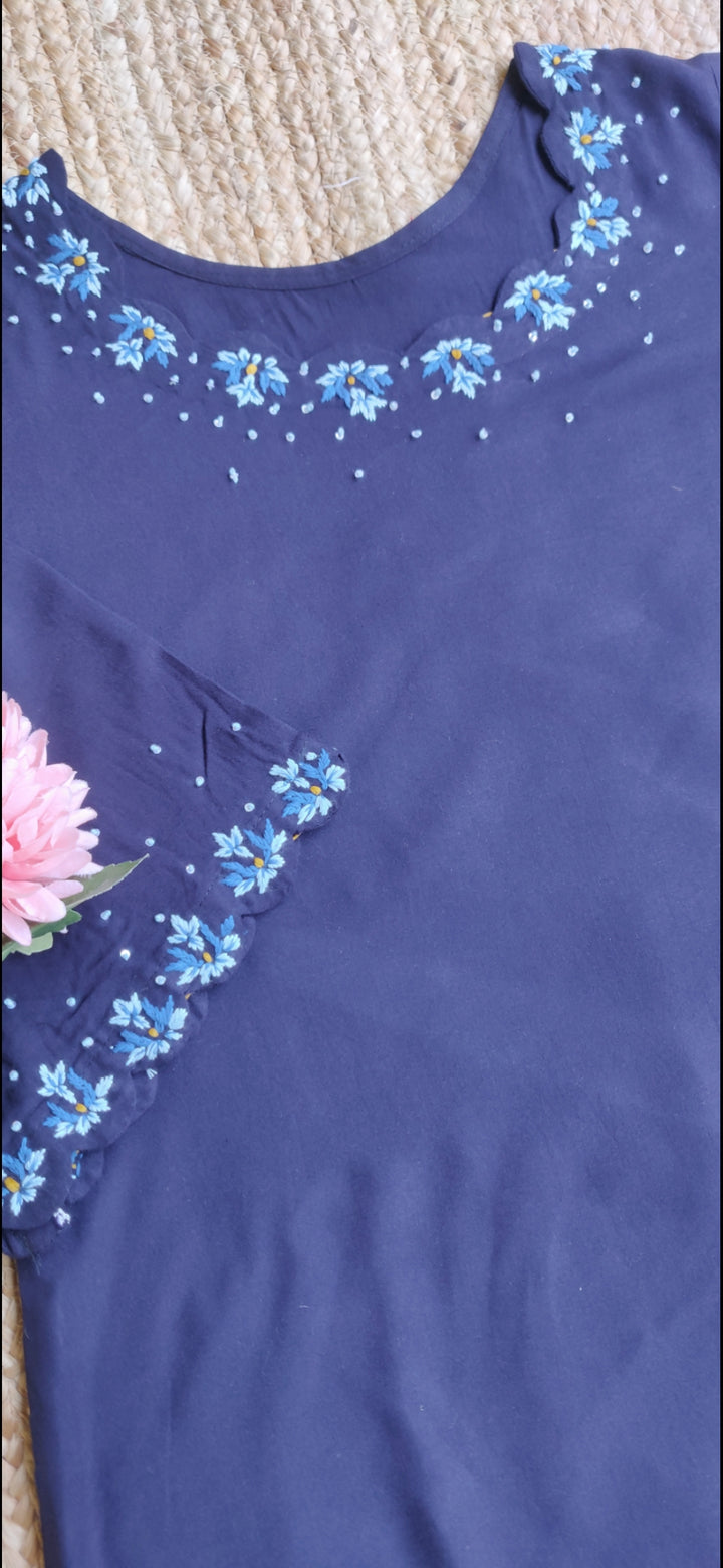 Navy Blue Rayon Chikankari Kurta with Pant Set- Custom Made