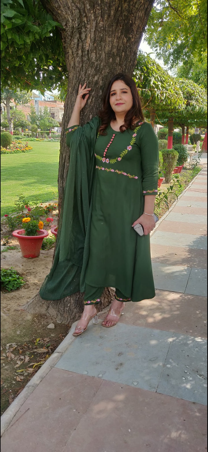 Mehndi Green Rayon A-Line Chikankari Suit Set -Custom Made