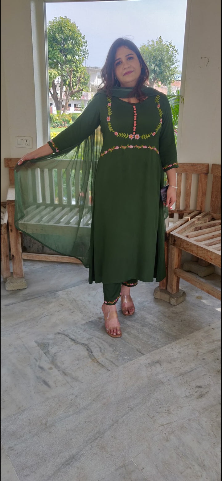 Mehndi Green Rayon A-Line Chikankari Suit Set -Custom Made