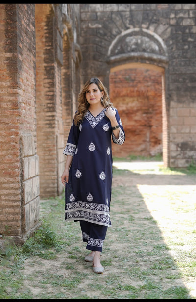 Navy Blue Chikankari Co-Ord Set- Custom Made