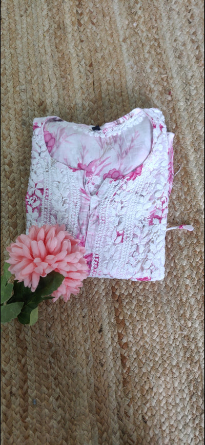 Pink printed cotton Chikankari short kurta