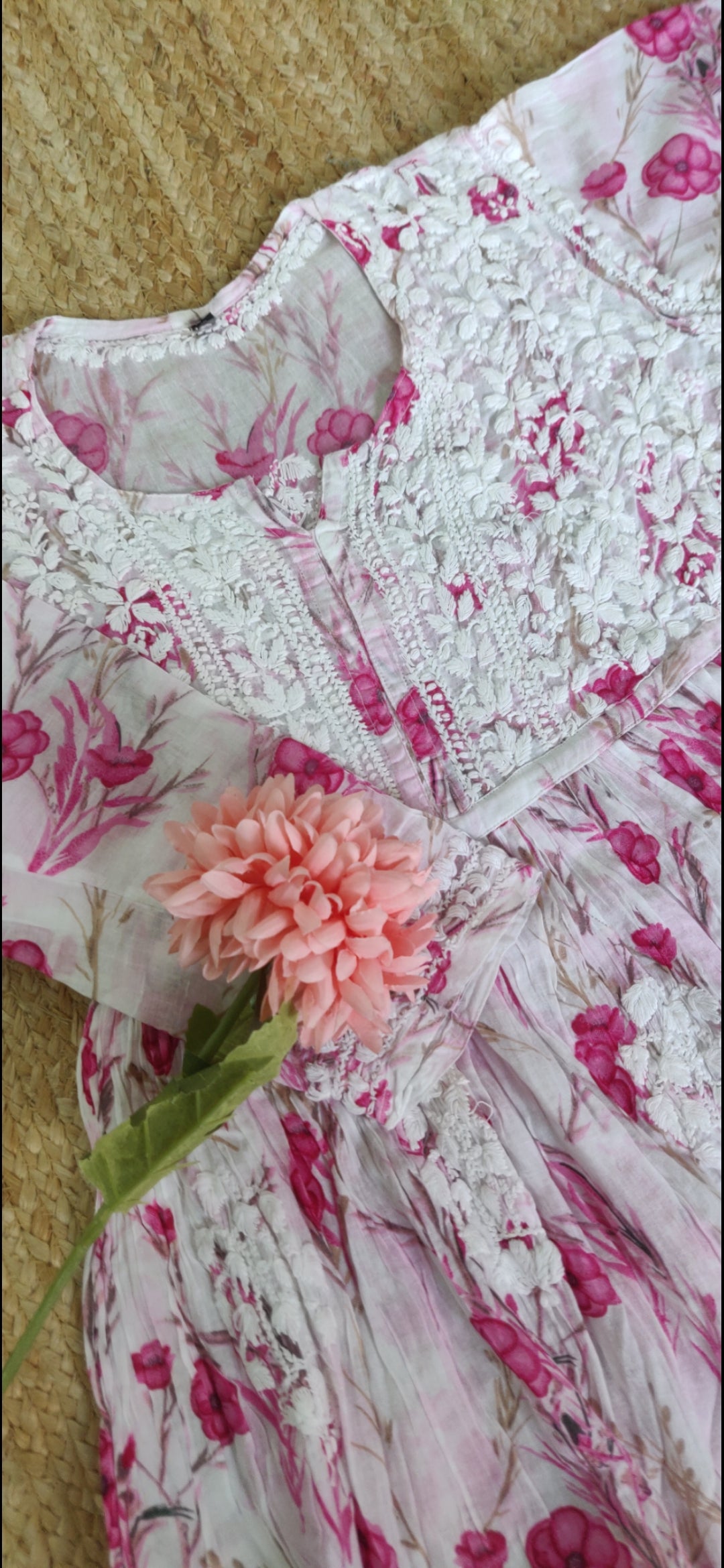 Pink printed cotton Chikankari short kurta