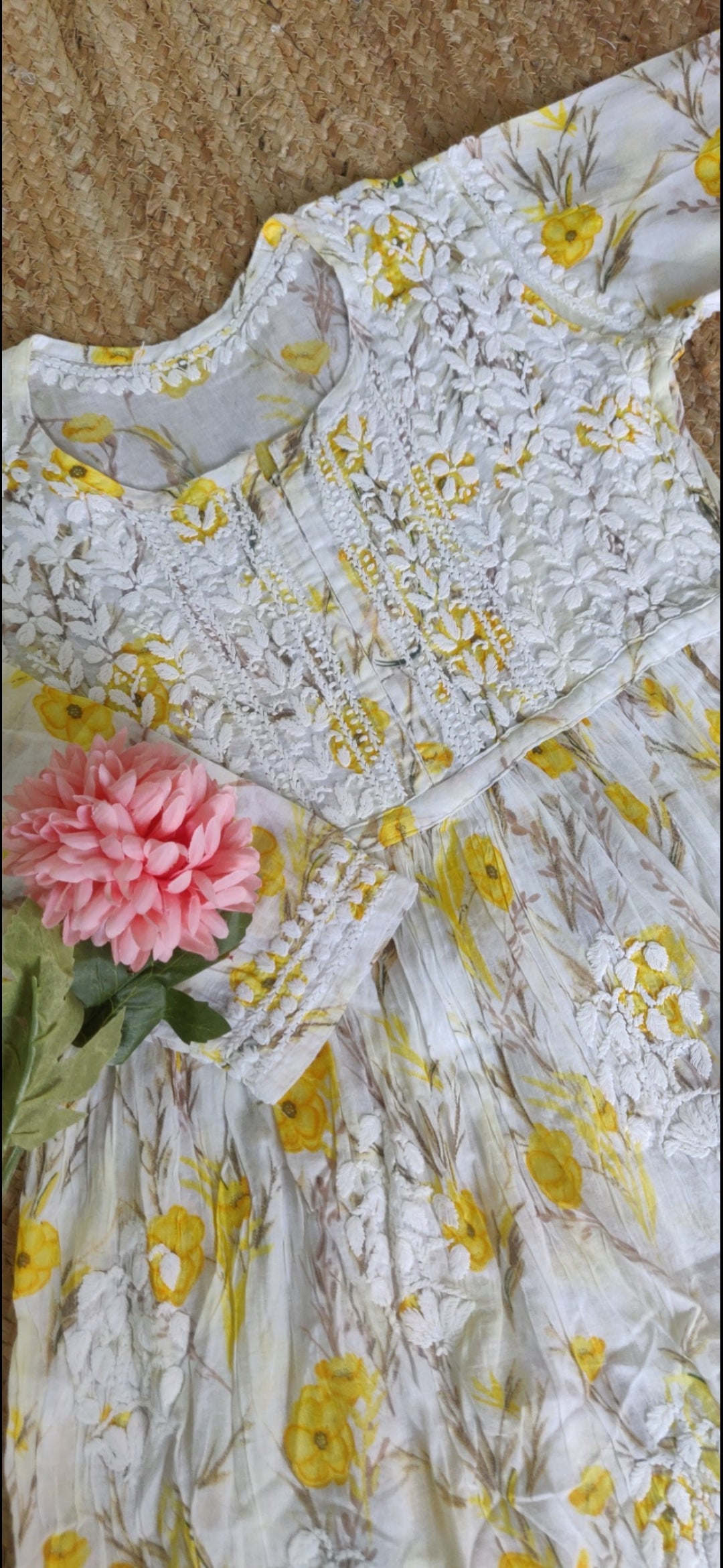 Yellow printed cotton Chikankari short kurta