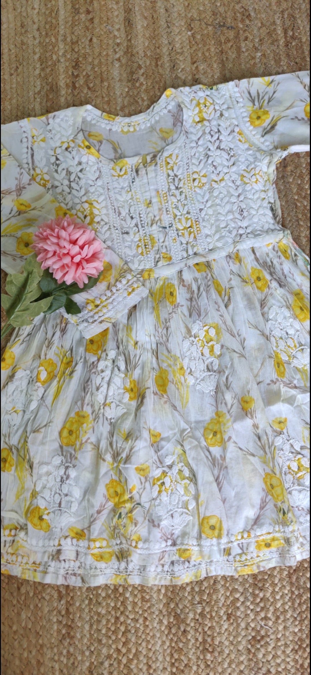 Yellow printed cotton Chikankari short kurta