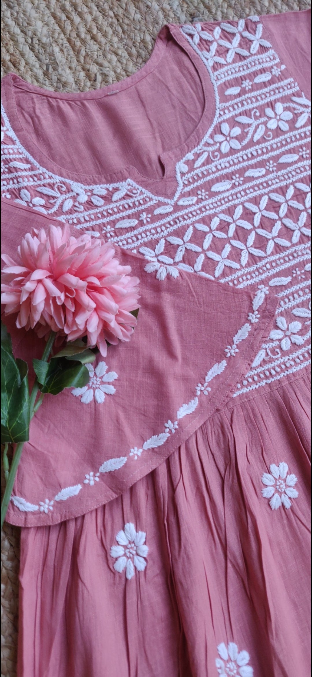 Peach cotton Chikankari short kurta