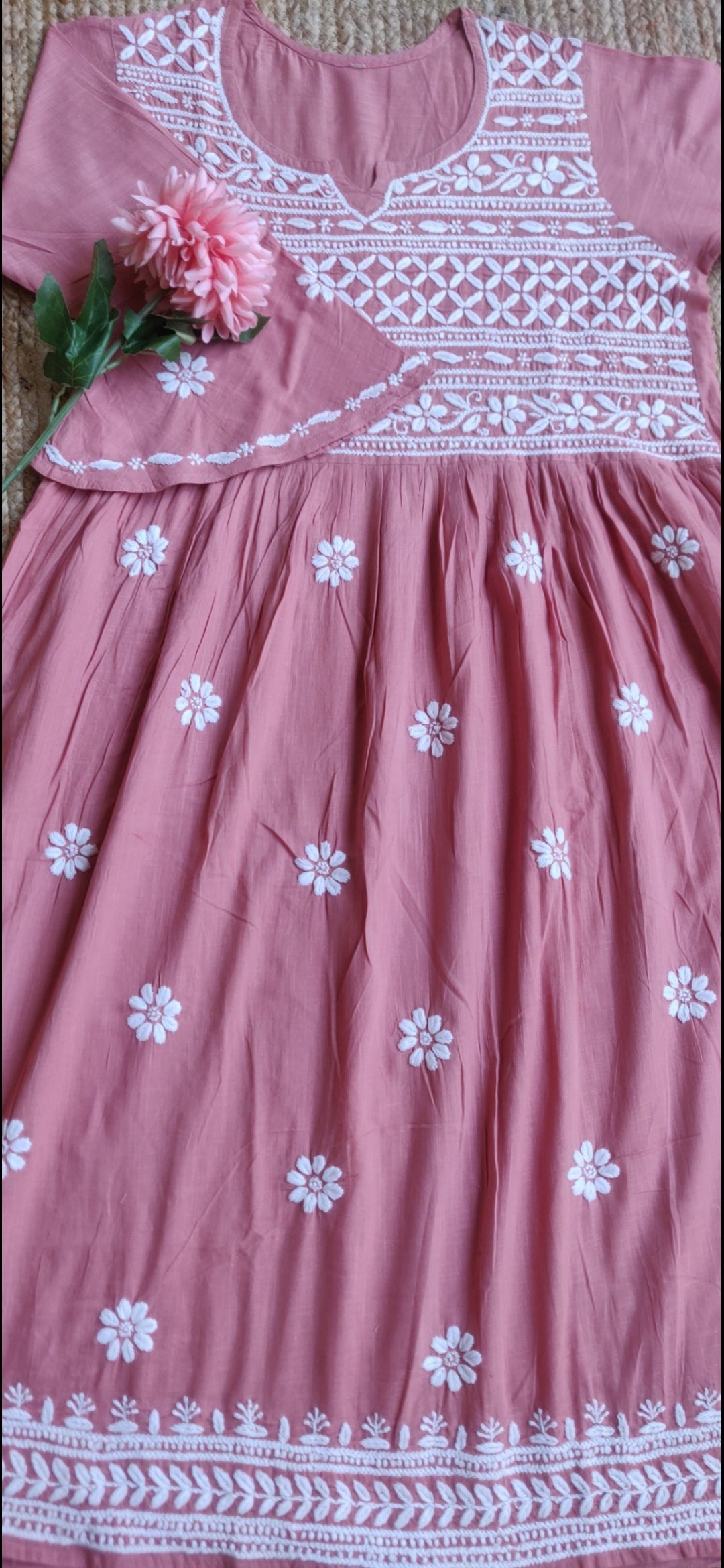 Peach cotton Chikankari short kurta