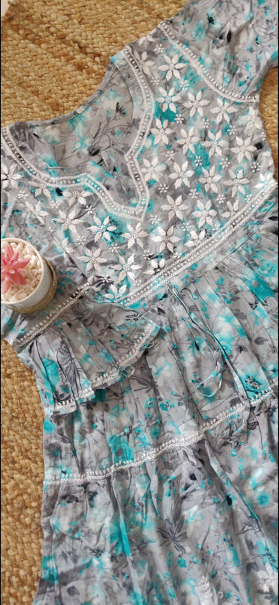 Grey printed cotton Chikankari short kurta