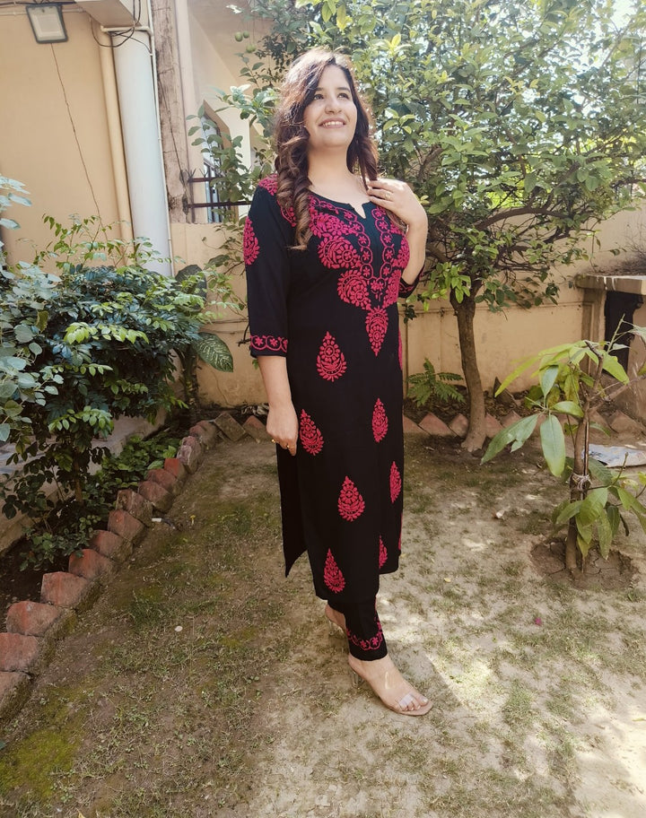 Black Rayon Chikankari kurta With Pant Set