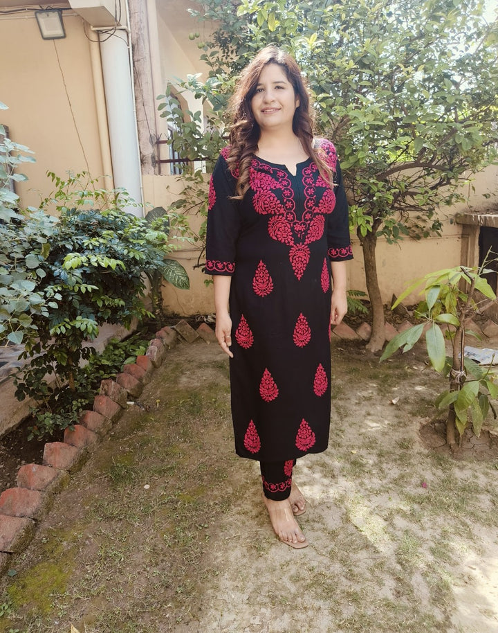 Black Rayon Chikankari kurta With Pant Set