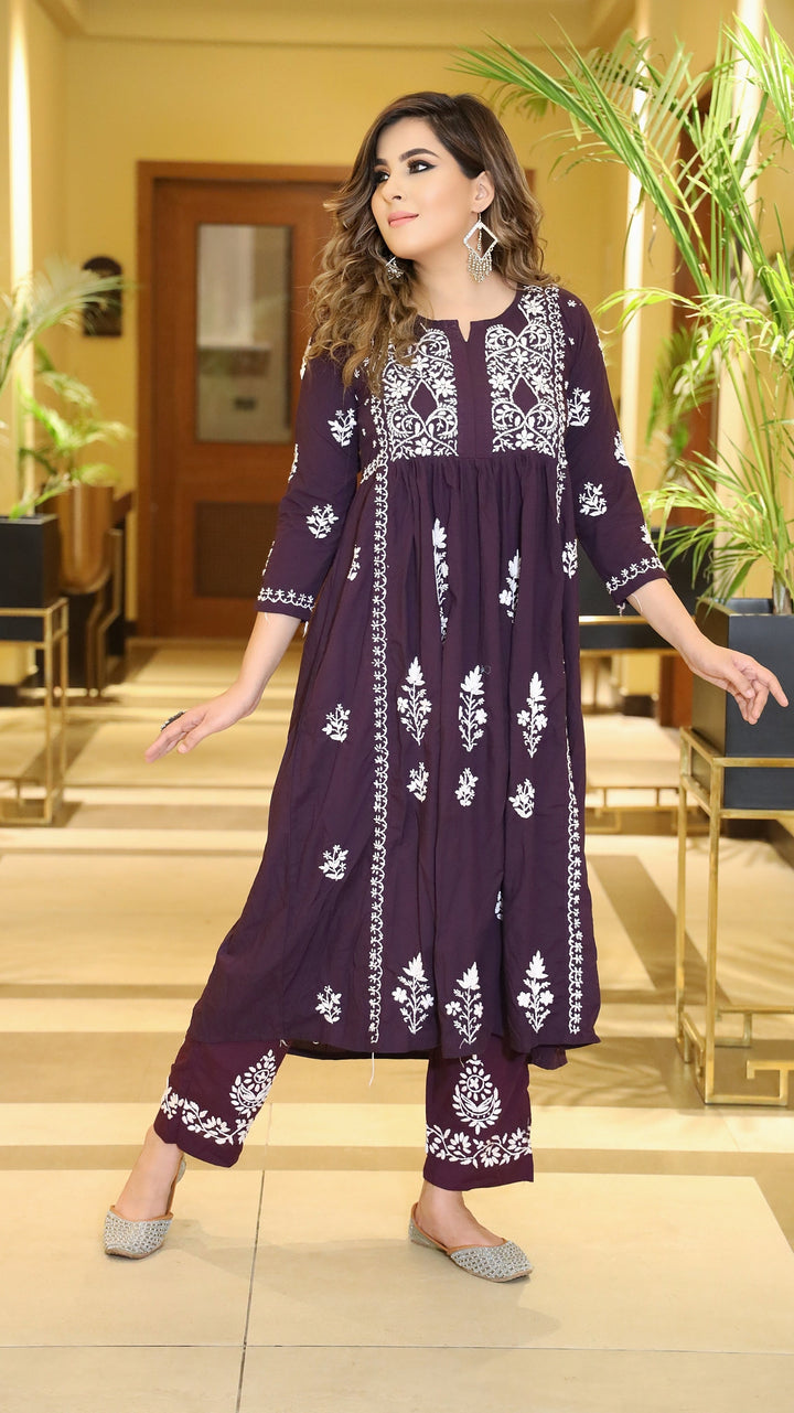 Wine A- Line Chikankari Kurta Pant Set- Custom Made