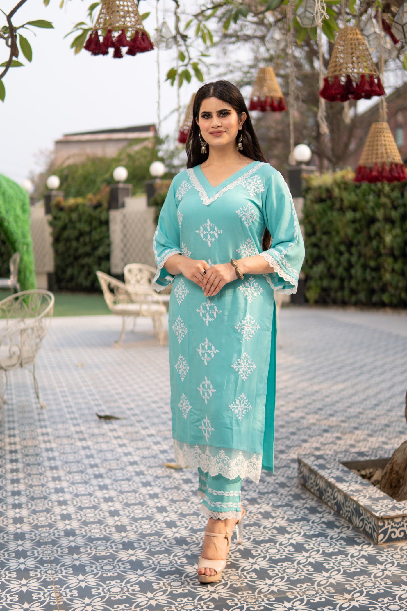 Sea blue Reyon Chikankari Kurta Pant Set