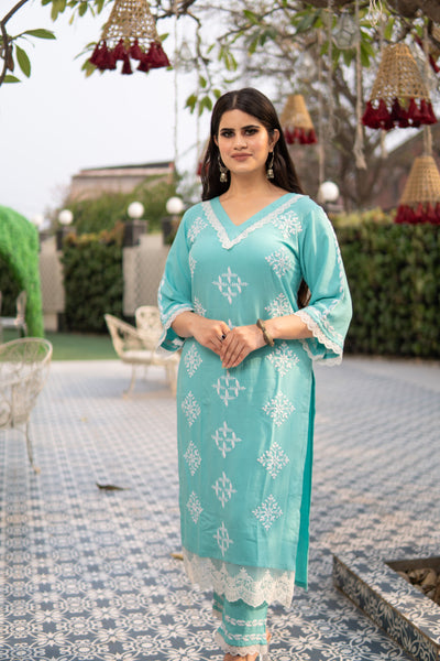 Sea blue Reyon Chikankari Kurta Pant Set