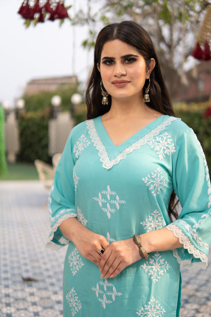 Sea Blue Reyon Chikankari Kurta with Pant Set - Custom Made