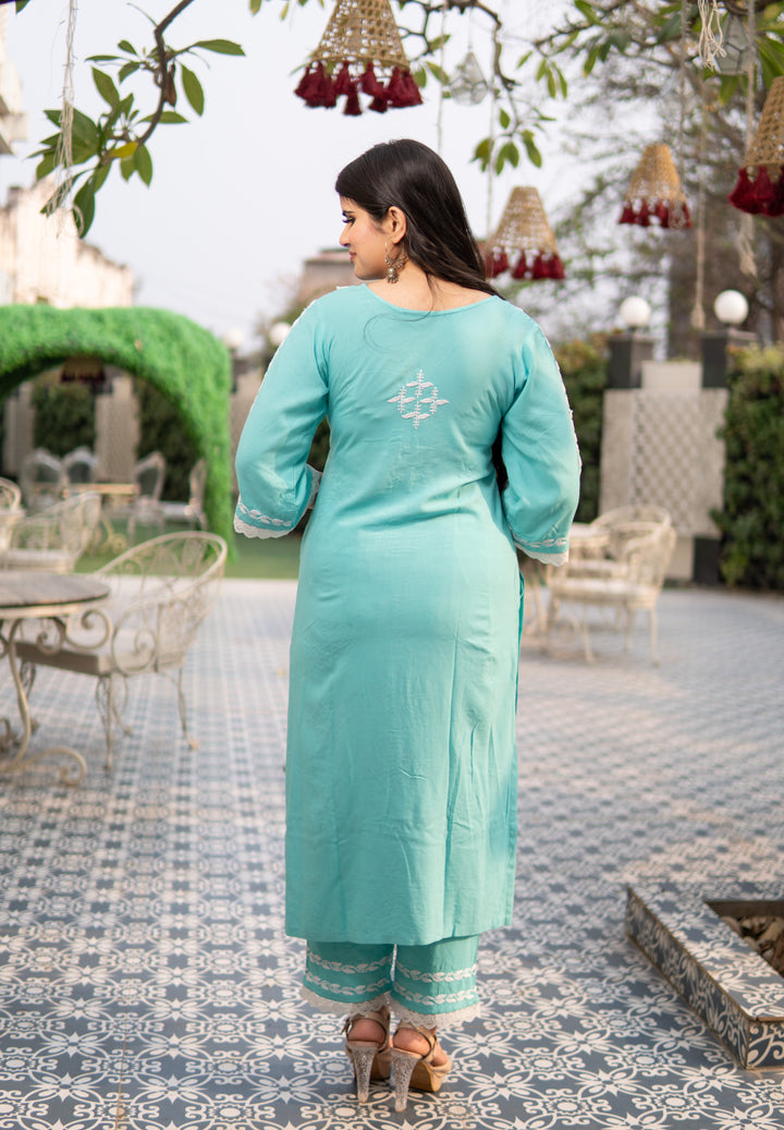 Sea Blue Reyon Chikankari Kurta with Pant Set - Custom Made