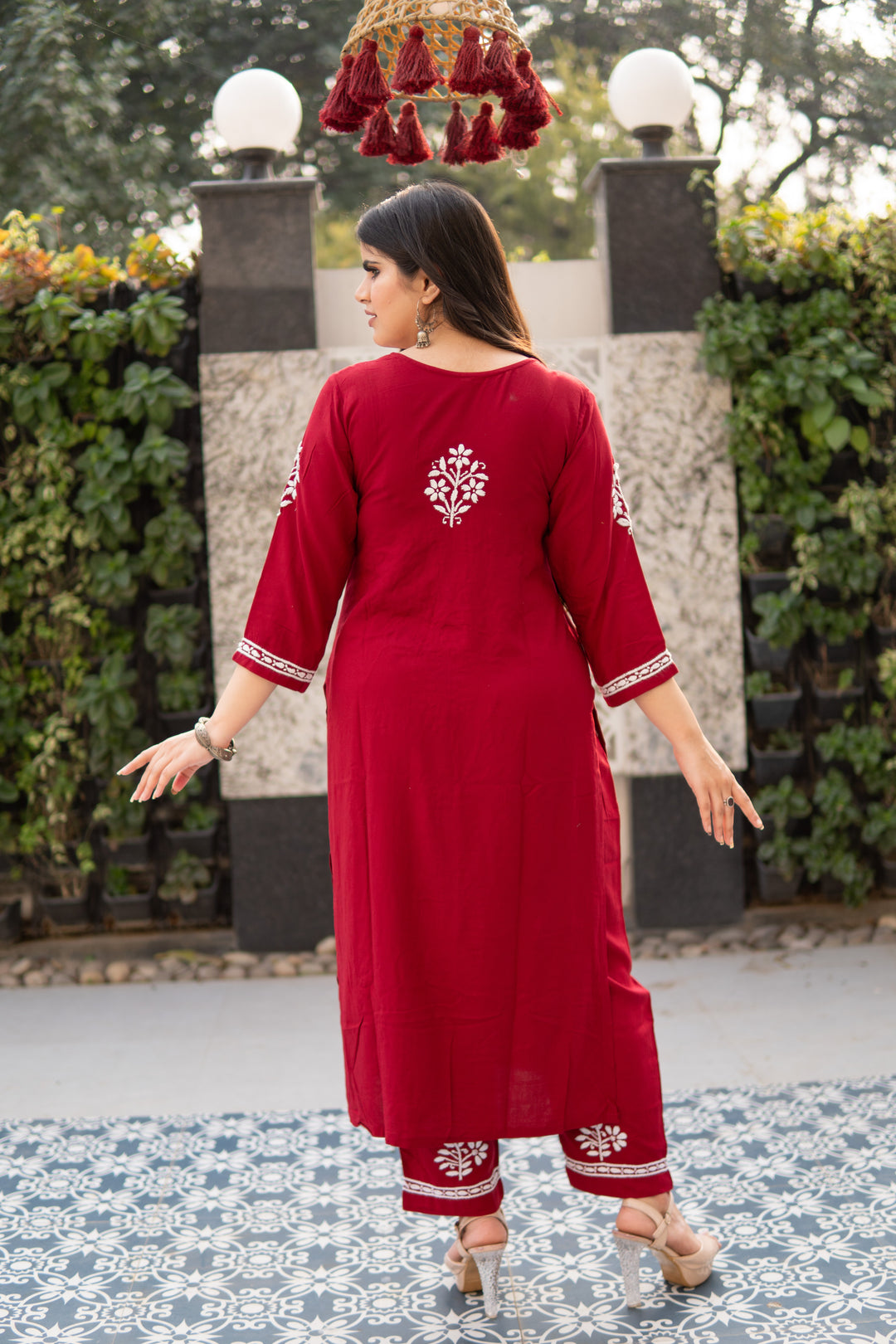 Maroon Rayon Chikankari Kurta with Pant Set -Custom Made