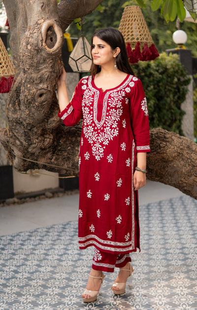 Maroon Rayon Chikankari Set