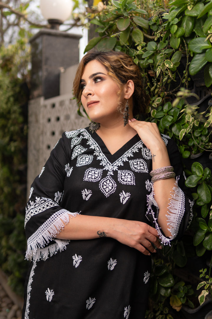 Linen Cottton Black Chikankari Co-Ord Set