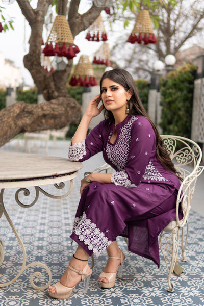 Wine Chikankari Co-Ord Set