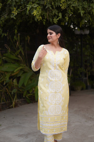 Light Yellow Chikankari Co-Ord Set-Custom Made