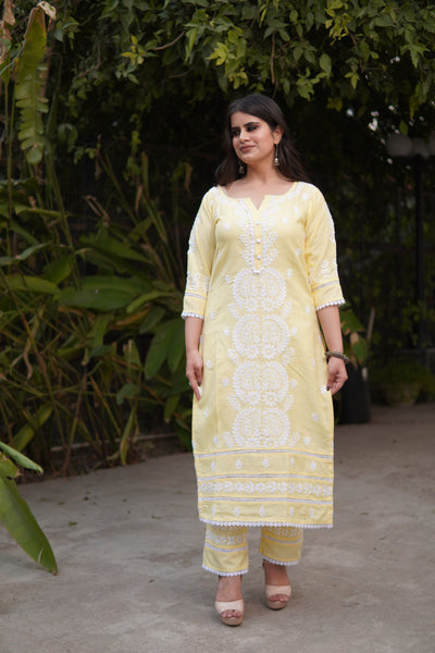 Light Yellow Chikankari Co-Ord Set-Custom Made