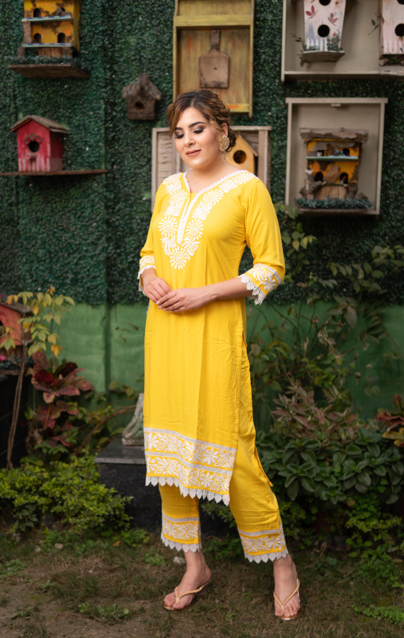 Yellow Rayon Chikankari Kurta Pant Set-Custom Made