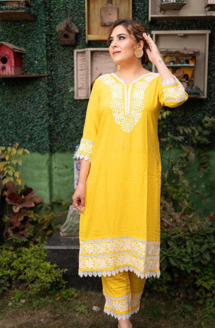 Yellow Rayon Chikankari Kurta Pant Set