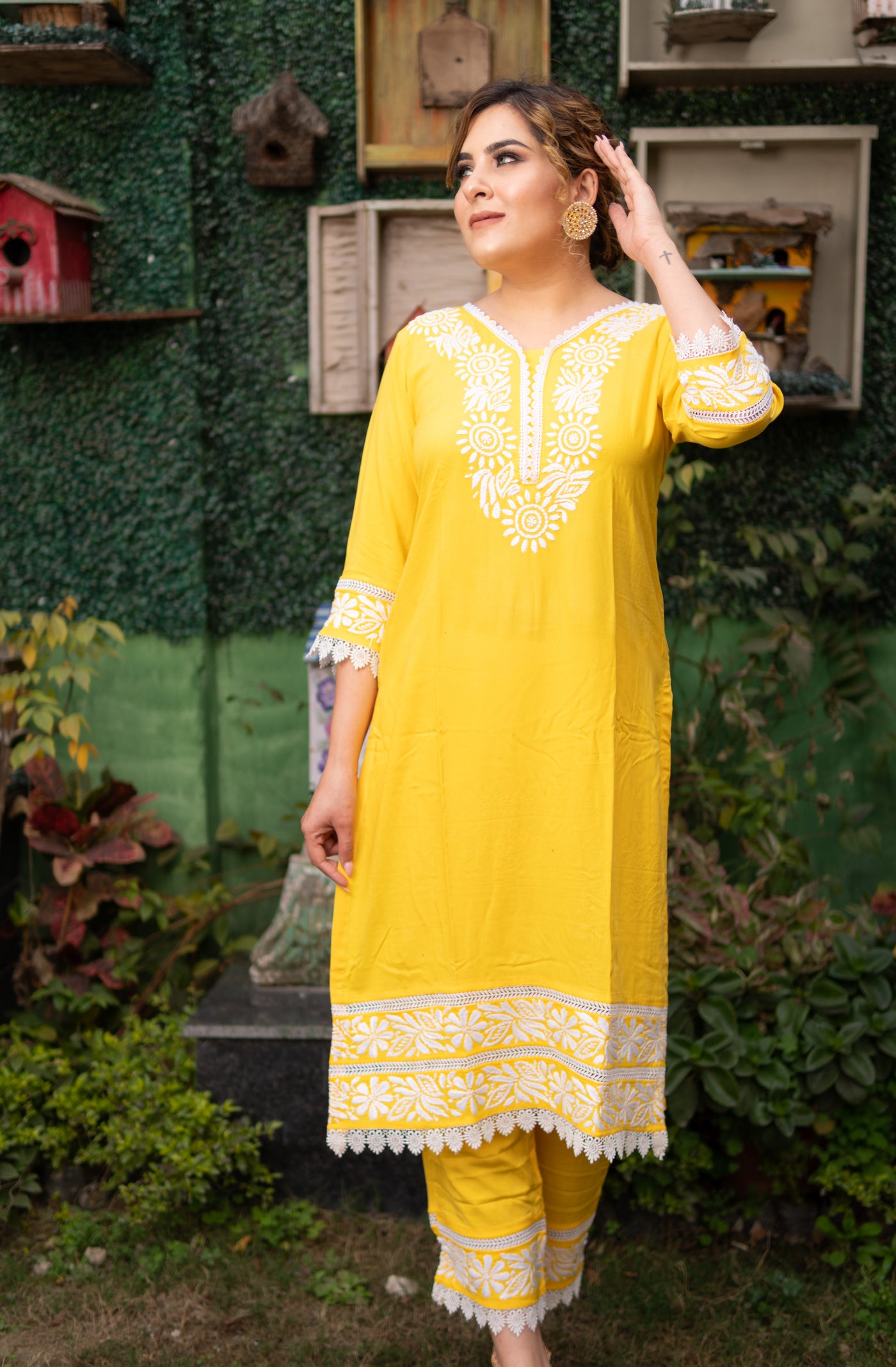 Yellow Rayon Chikankari Kurta Pant Set