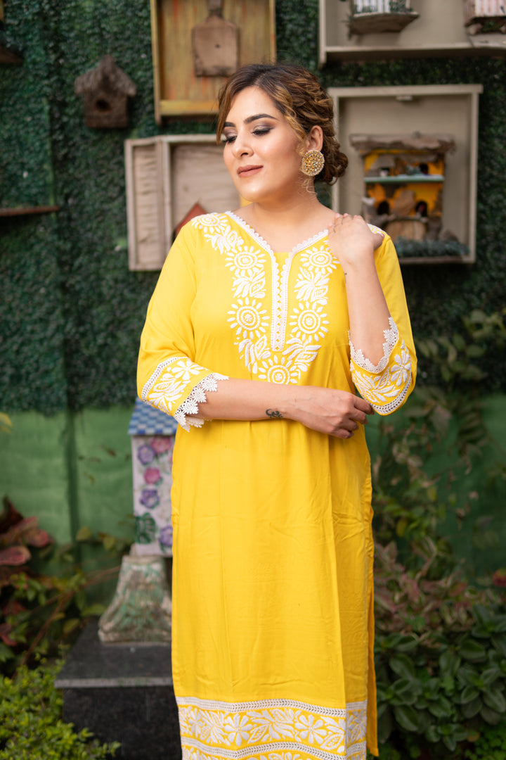Yellow Rayon Chikankari Kurta Pant Set