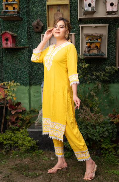 Yellow Rayon Chikankari Kurta Pant Set