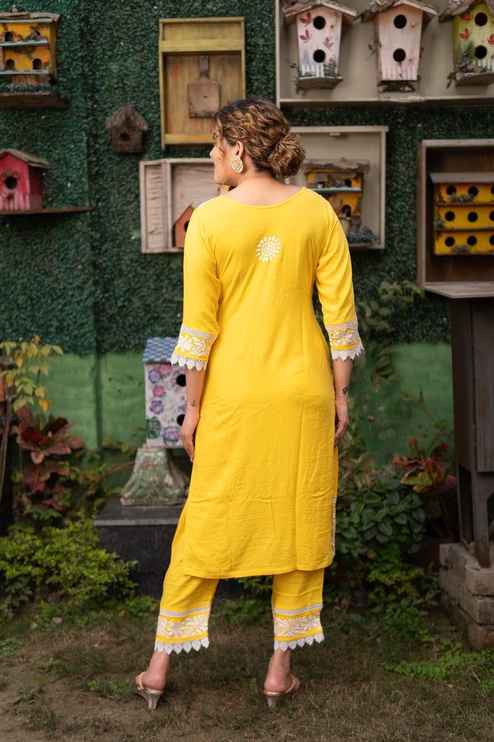 Yellow Rayon Chikankari Kurta with Pant Set-Custom Made