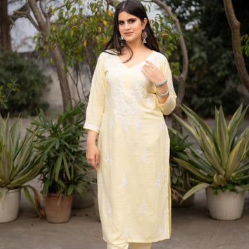 Light yellow reyon chikankari Kurta Pant Set