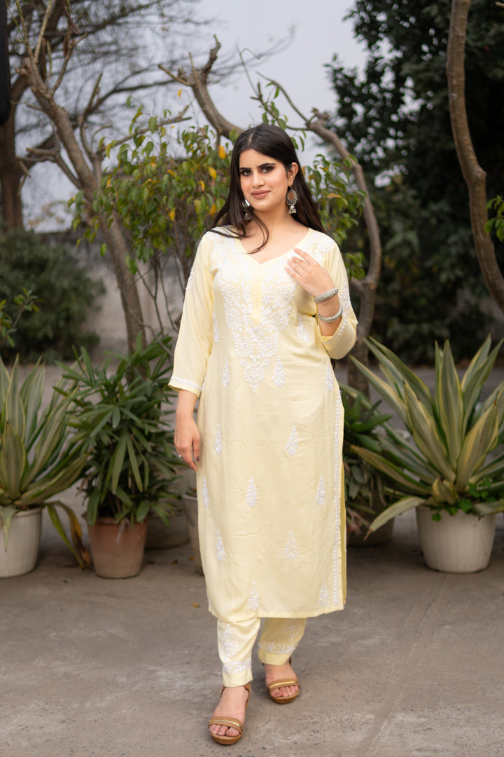 Light yellow Rayon Chikankari Kurta Pant Set