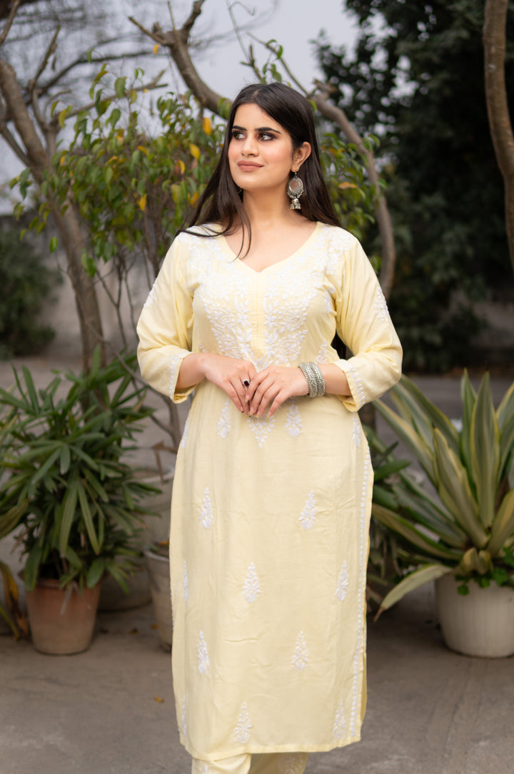 Light yellow Rayon Chikankari Kurta Pant Set