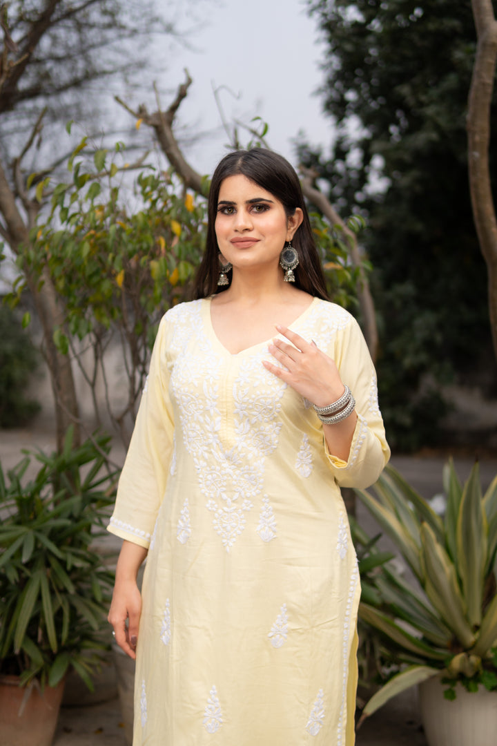 Light yellow Rayon Chikankari Kurta Pant Set