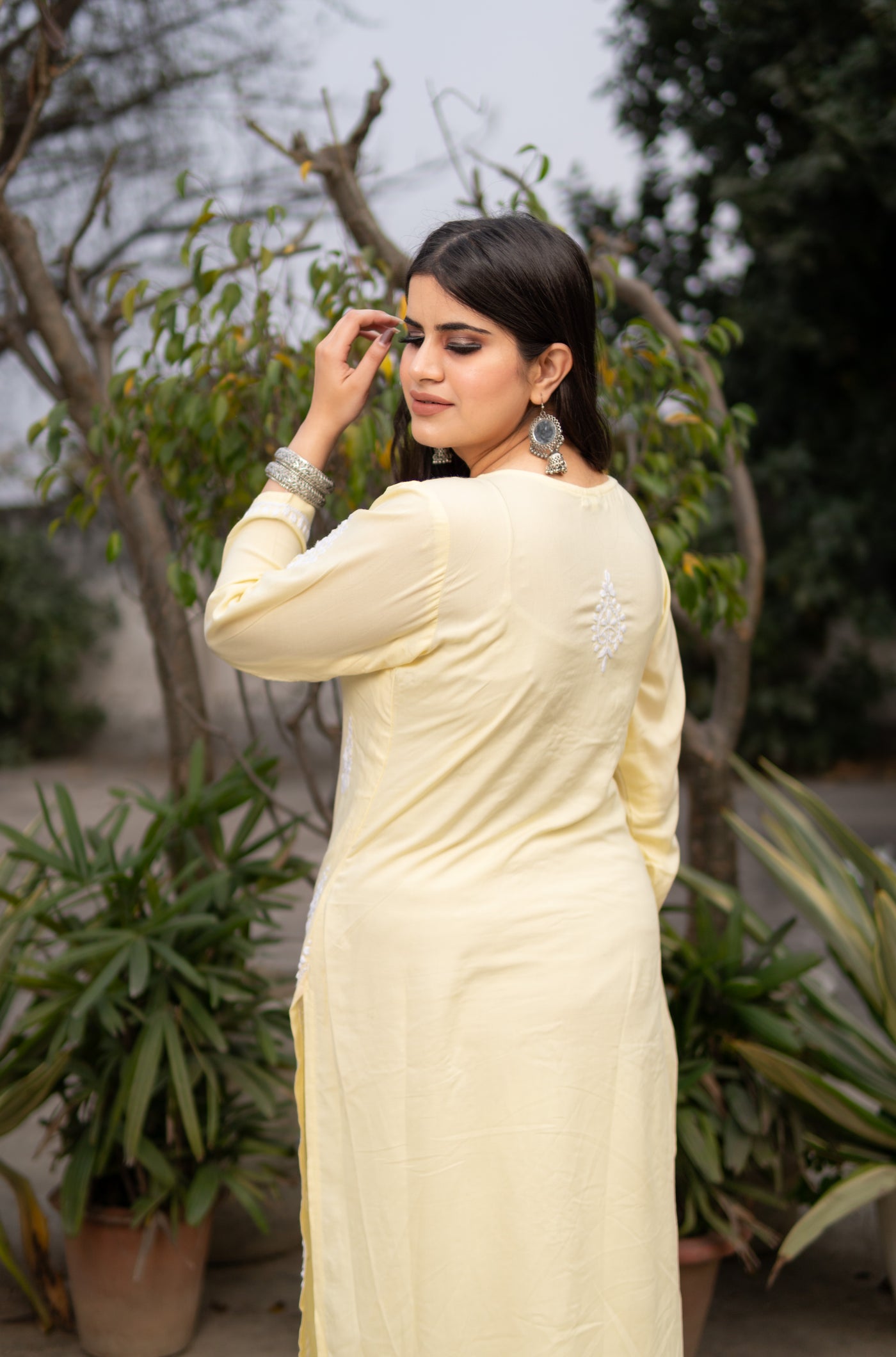 Light yellow reyon chikankari Kurta Pant Set