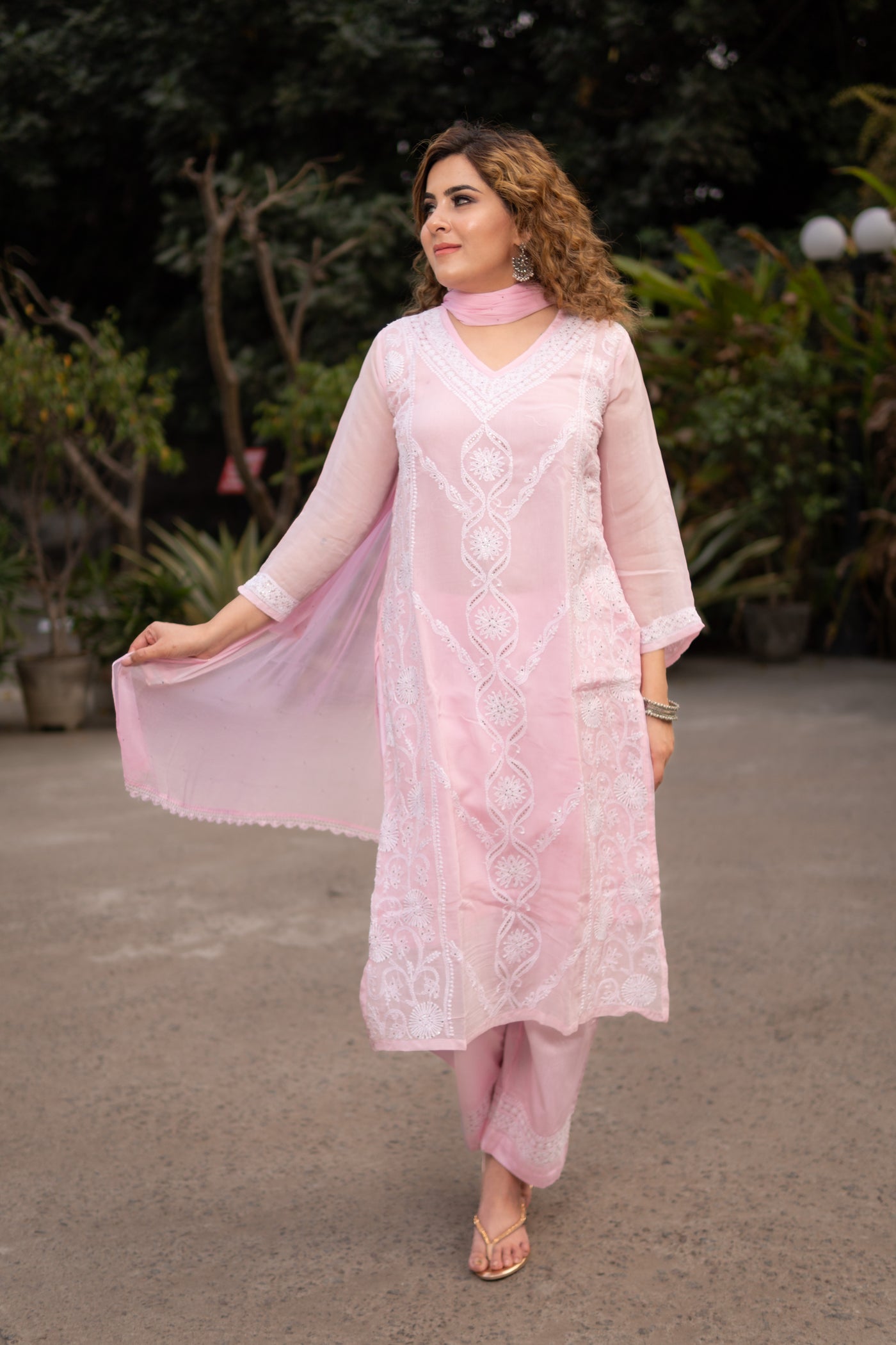 Pink Organza Chikankari Suit