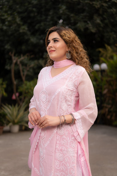 Pink Organza Chikankari Suit