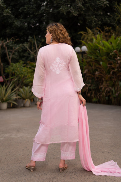 Pink Organza Chikankari Suit