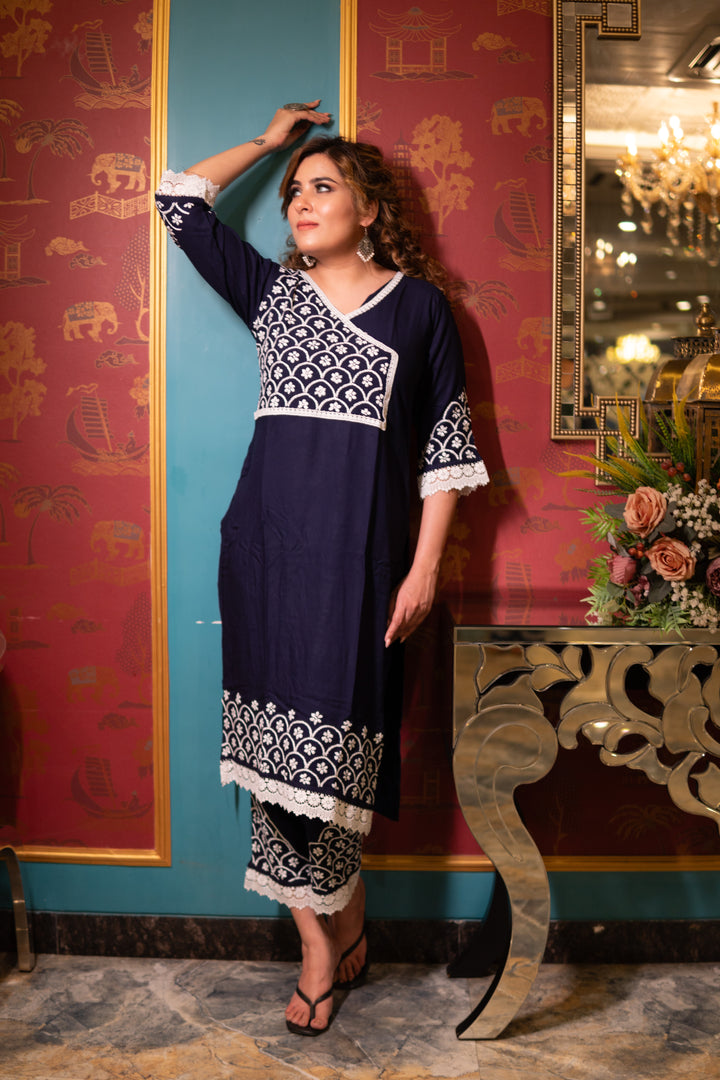 Navy Blue Rayon Chikankari  Kurta With Pant Set