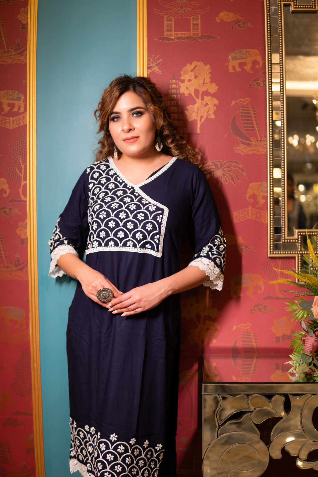 Navy Blue Rayon Chikankari  Kurta With Pant Set
