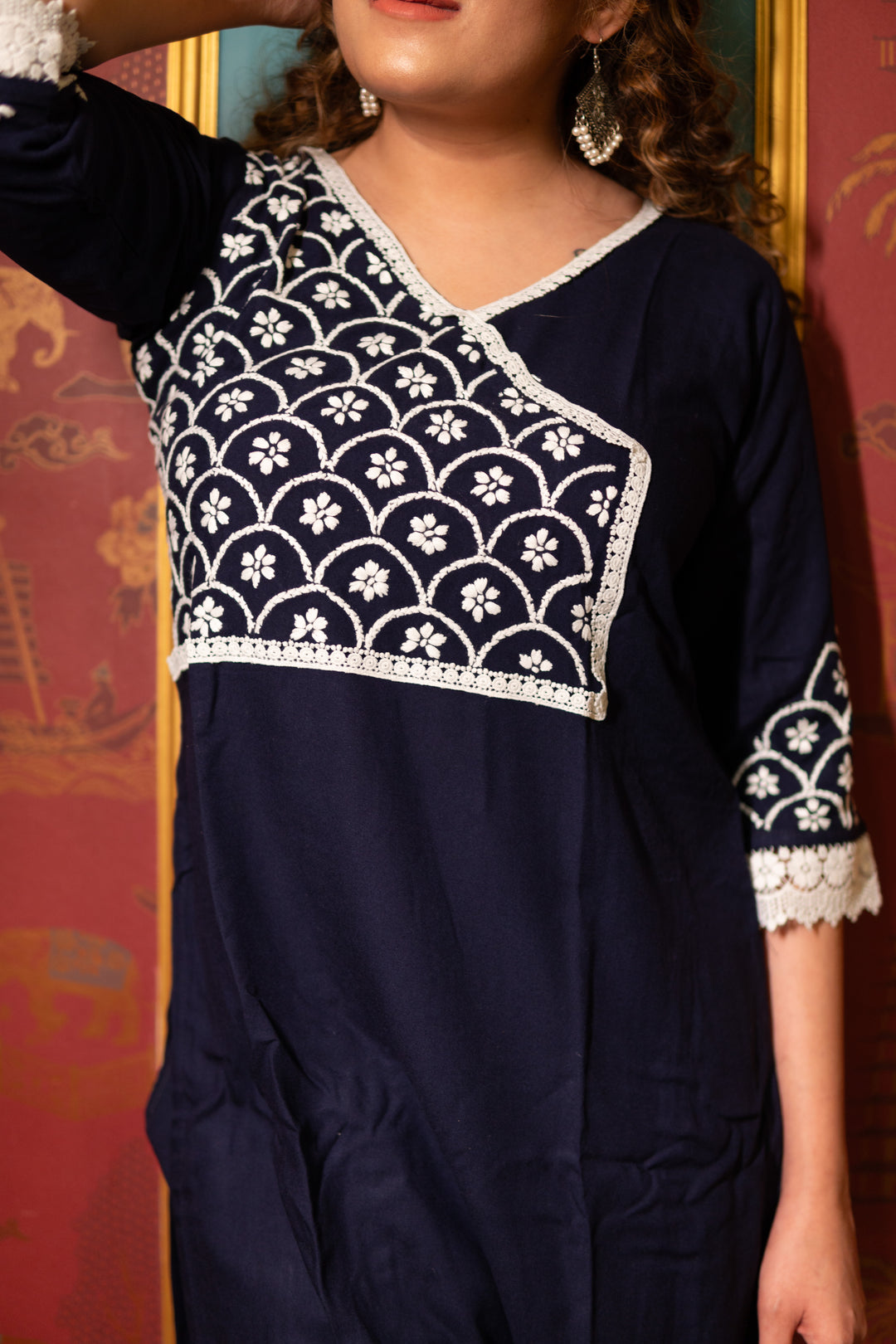 Navy Blue Rayon Chikankari  Kurta With Pant Set