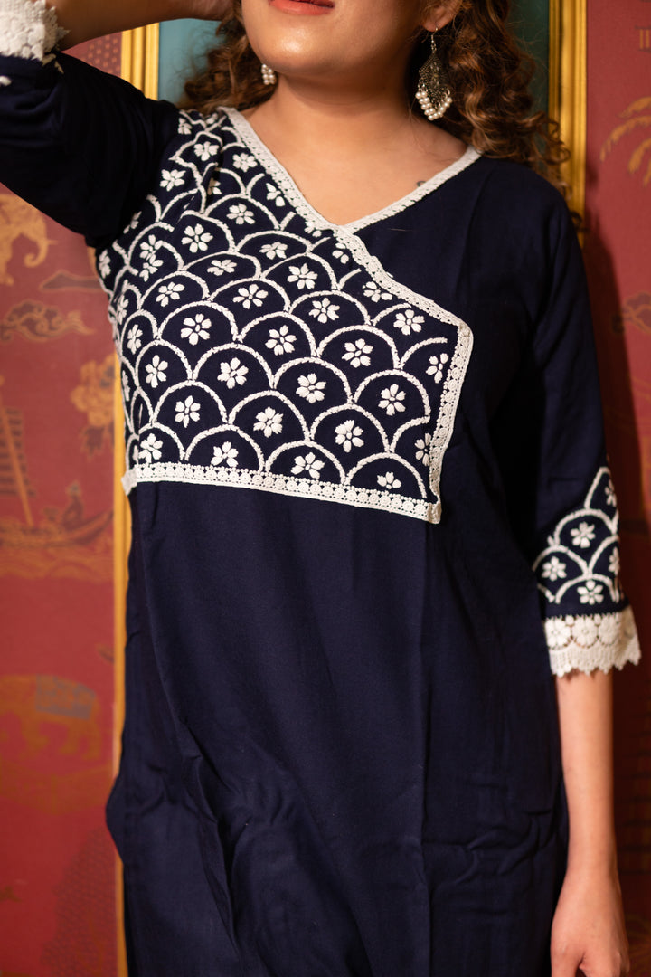Navy Blue Rayon Chikankari  Kurta With Pant Set
