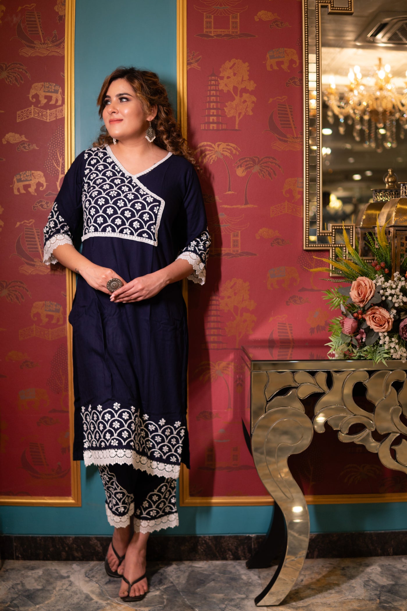 Navy Blue Reyon Chikankari Kurta Pant Set