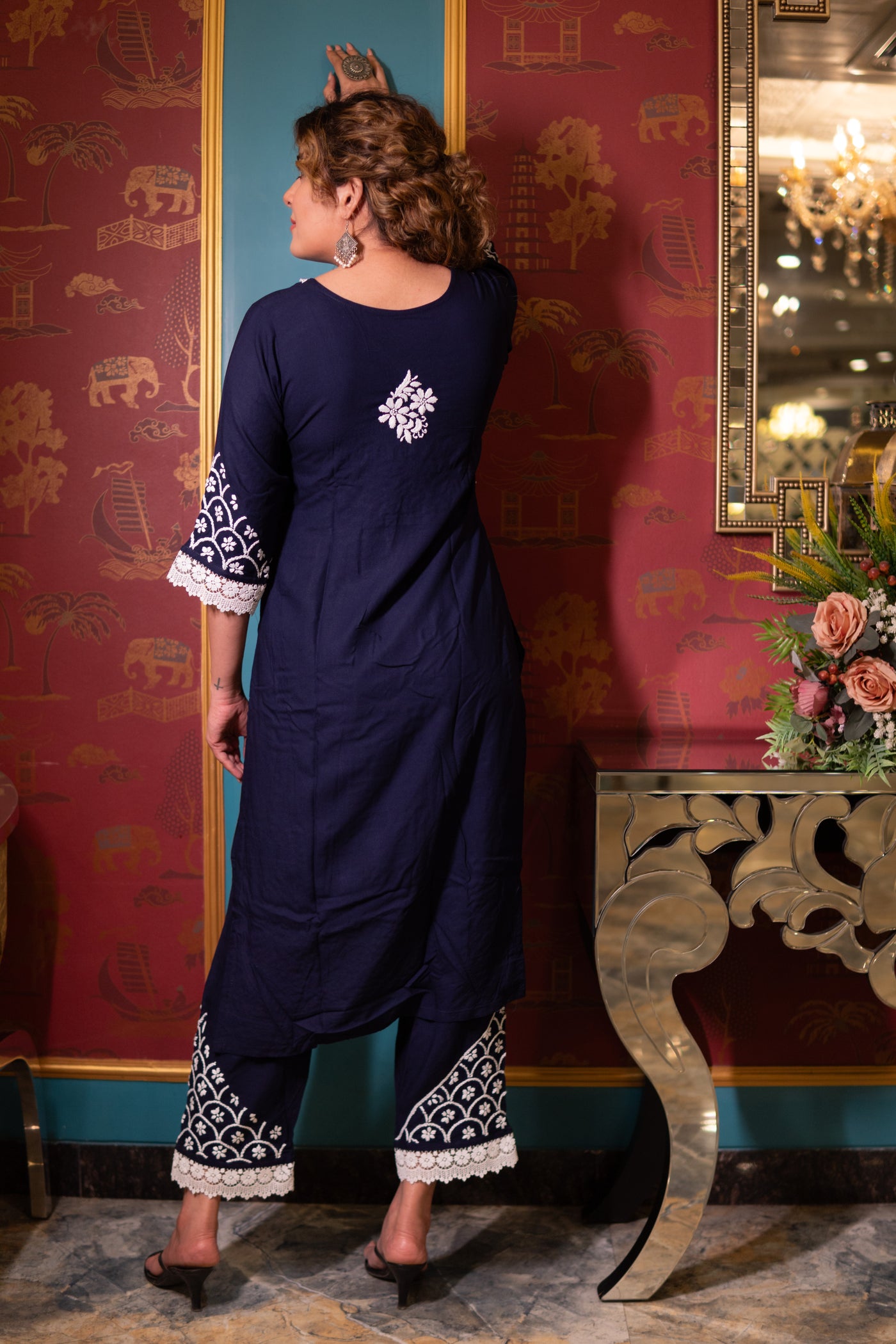 Navy Blue Reyon Chikankari Kurta Pant Set