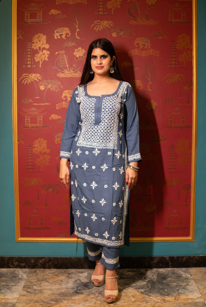 Grey Rayon Chikankari Set