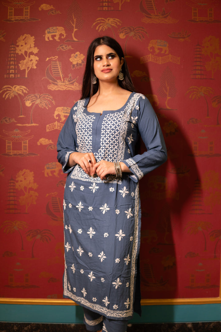 Grey Rayon Chikankari Set