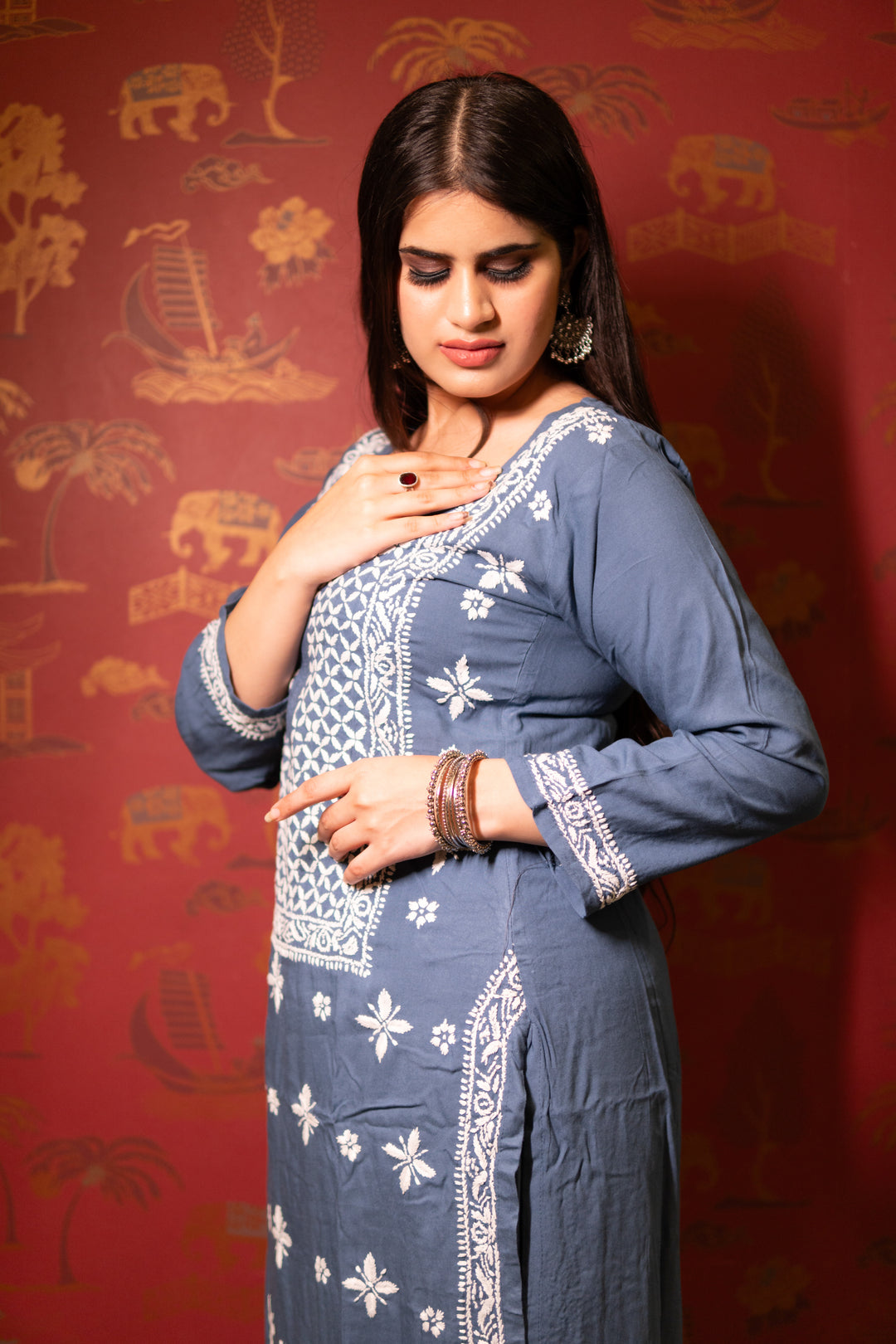 Grey Rayon Chikankari Set