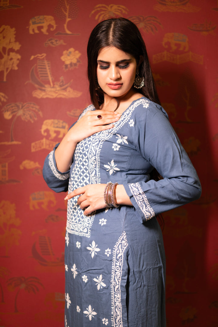 Grey Rayon Chikankari Set